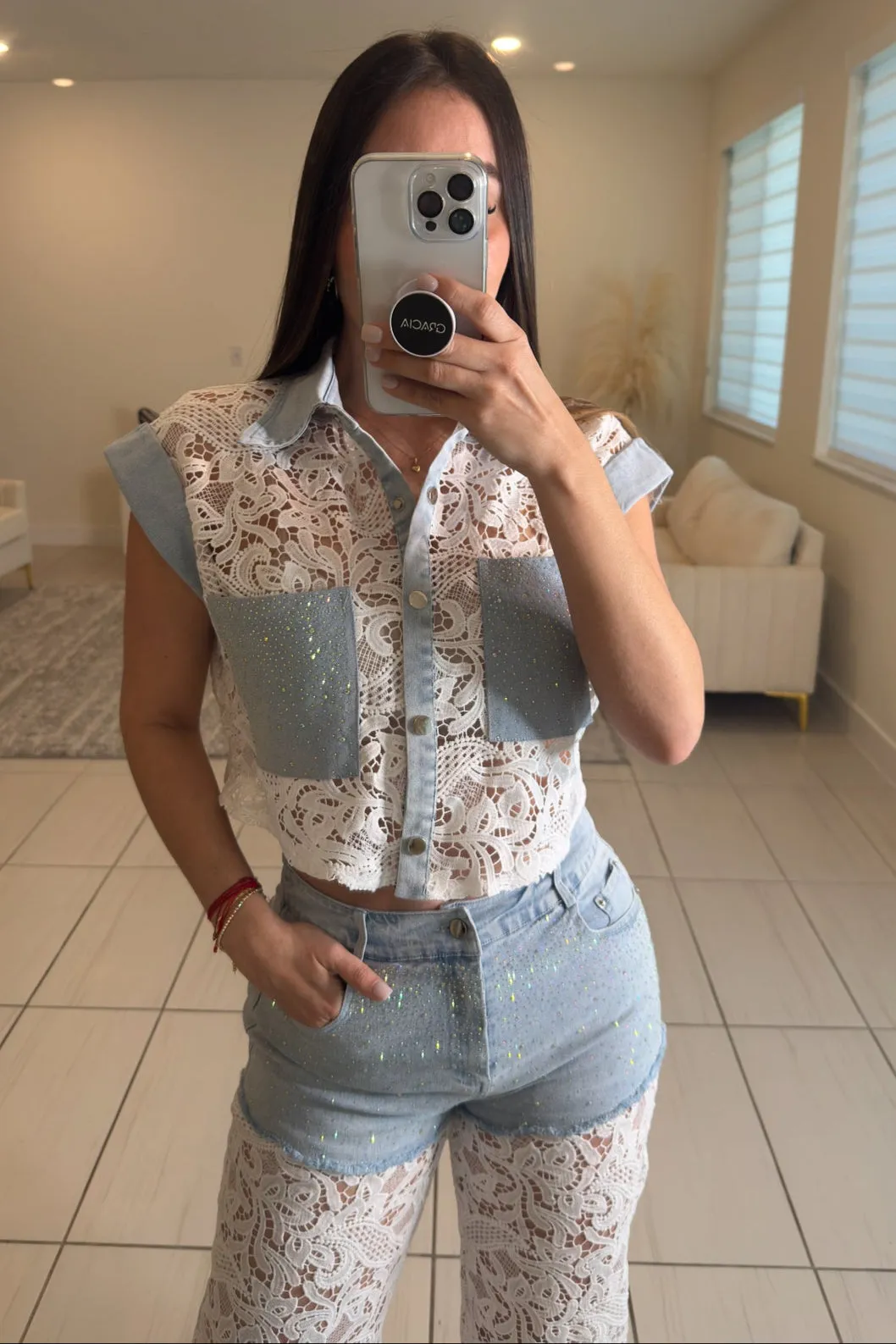Contrast Embroidery with Shiny Denim Pants Set