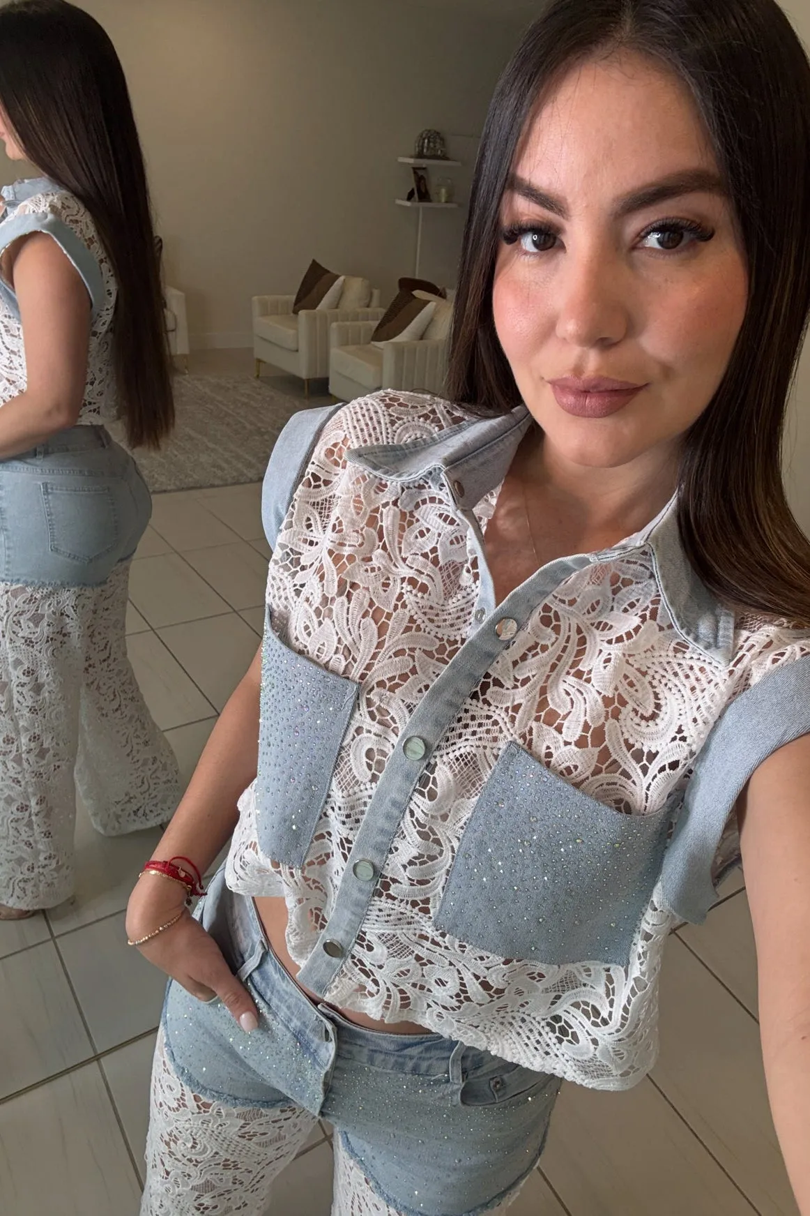 Contrast Embroidery with Shiny Denim Pants Set