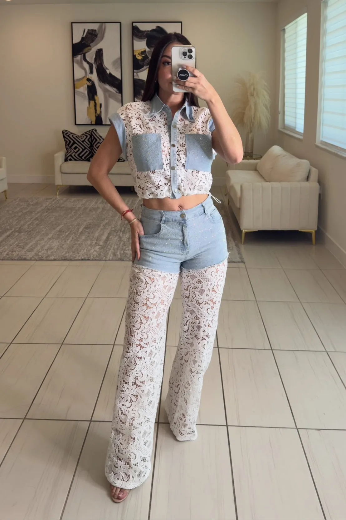 Contrast Embroidery with Shiny Denim Pants Set