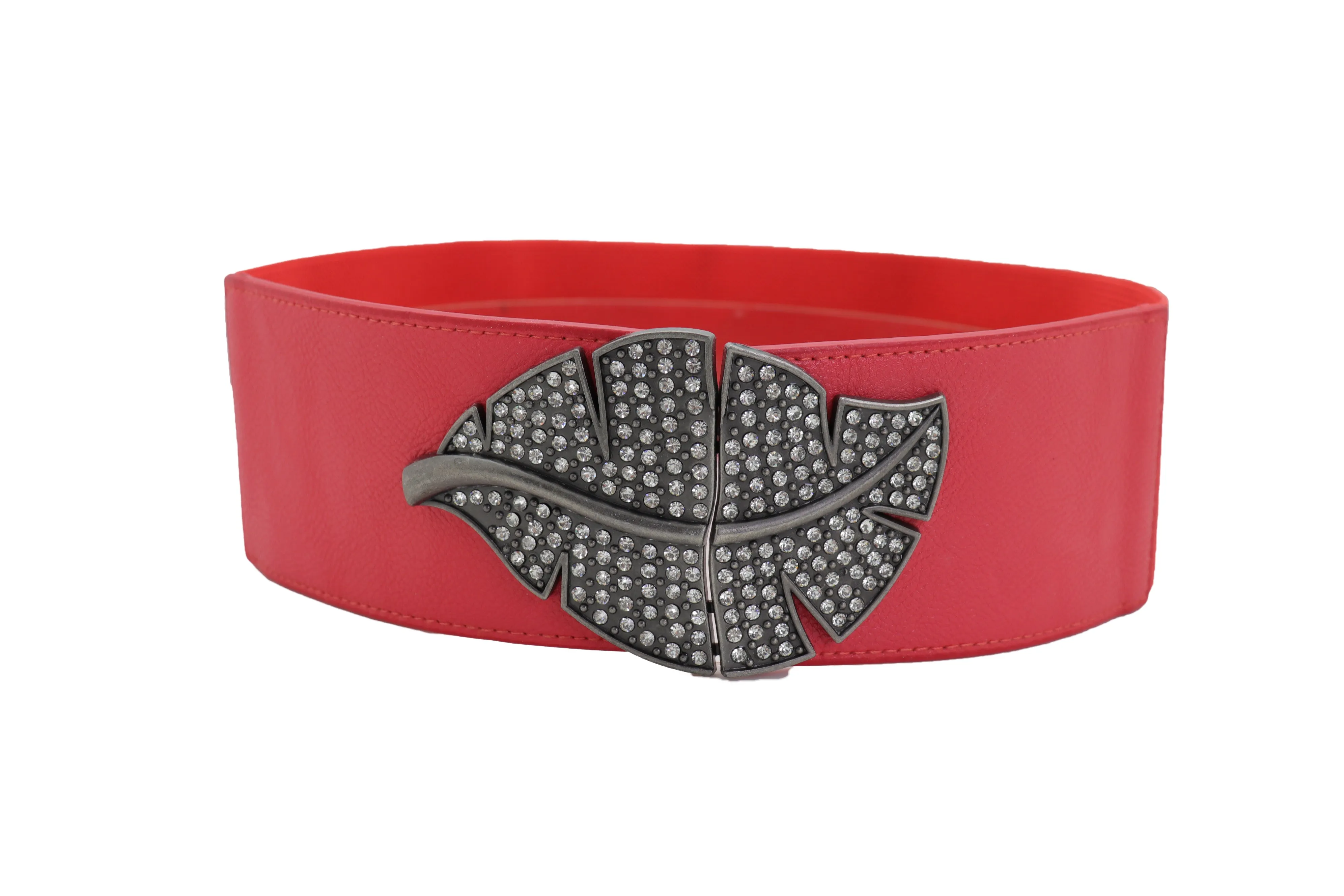 Coral Pink Elastic Waistband Fashion Belt Hip Waist Bling Leaf Buckle S M