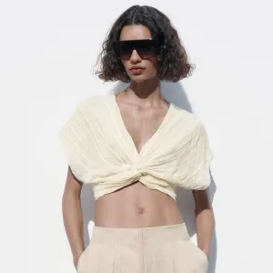 Dainty Lace Panel Deep V Twist Trim Dolman Sleeve Crop Top - Beige