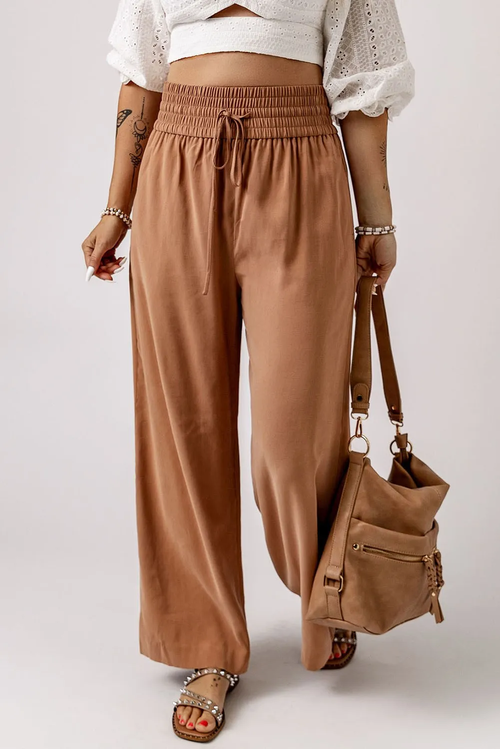 Drawstring Elastic Waist Casual Wide Leg