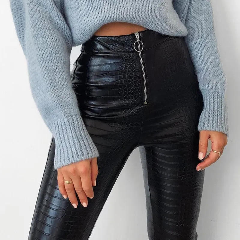 Elegant High Waist Faux Leather Pants Women Pencil Skinny Pants Office Ladies Trousers Casual Slim Black Capris