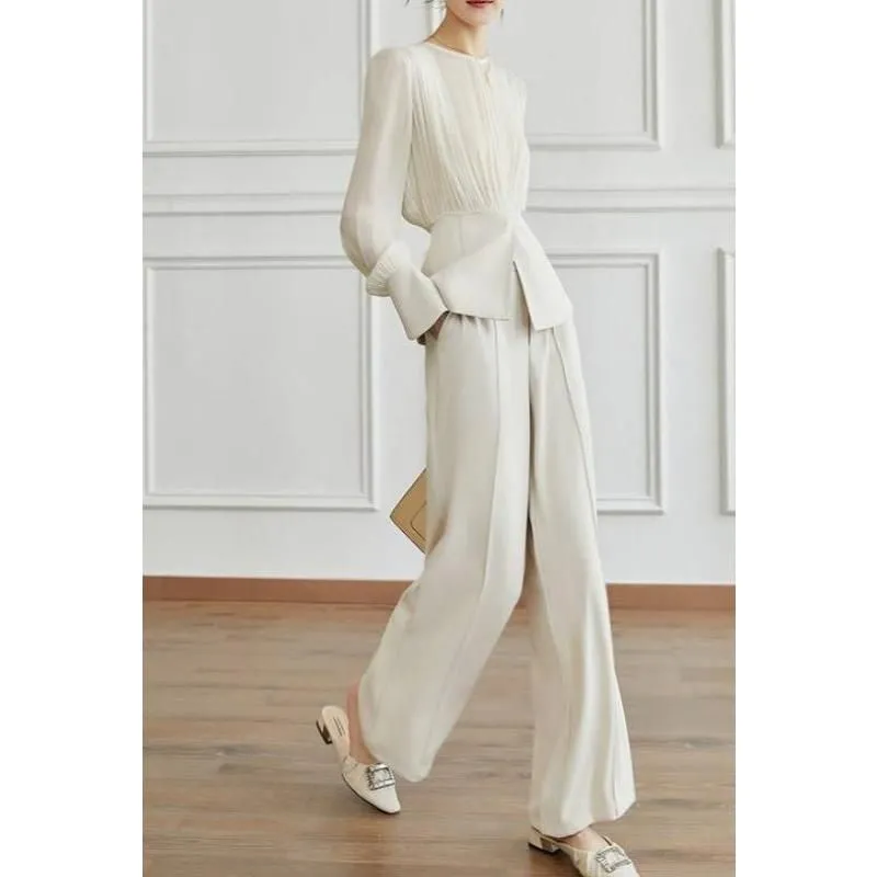Elegant Long Sleeve Top & Wide Leg Pants Set