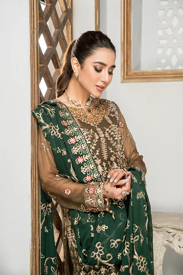 Embroidered Salwar Kameez in Olive Green Shade #PF479