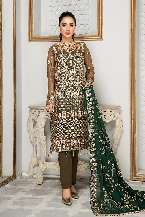 Embroidered Salwar Kameez in Olive Green Shade #PF479