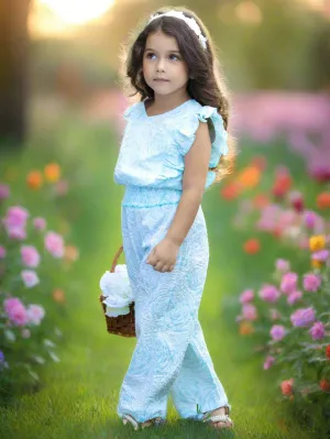 Ethereal Bloom Blue Rose Textured Top and Pant Set