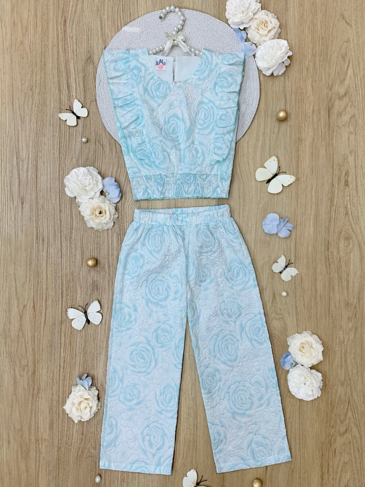 Ethereal Bloom Blue Rose Textured Top and Pant Set