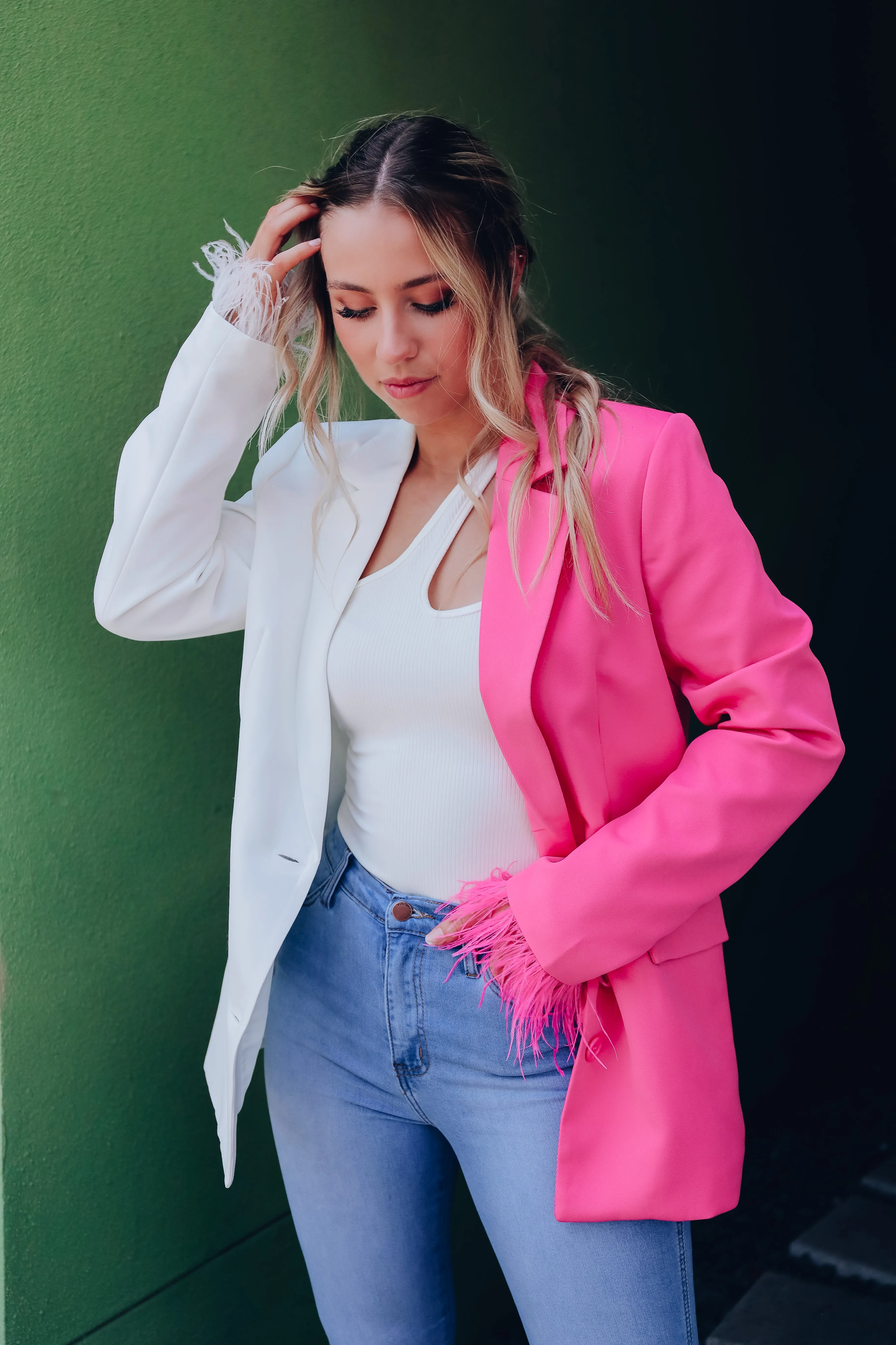 Exquisite Detail Feather Trim Blazer - Pink/White
