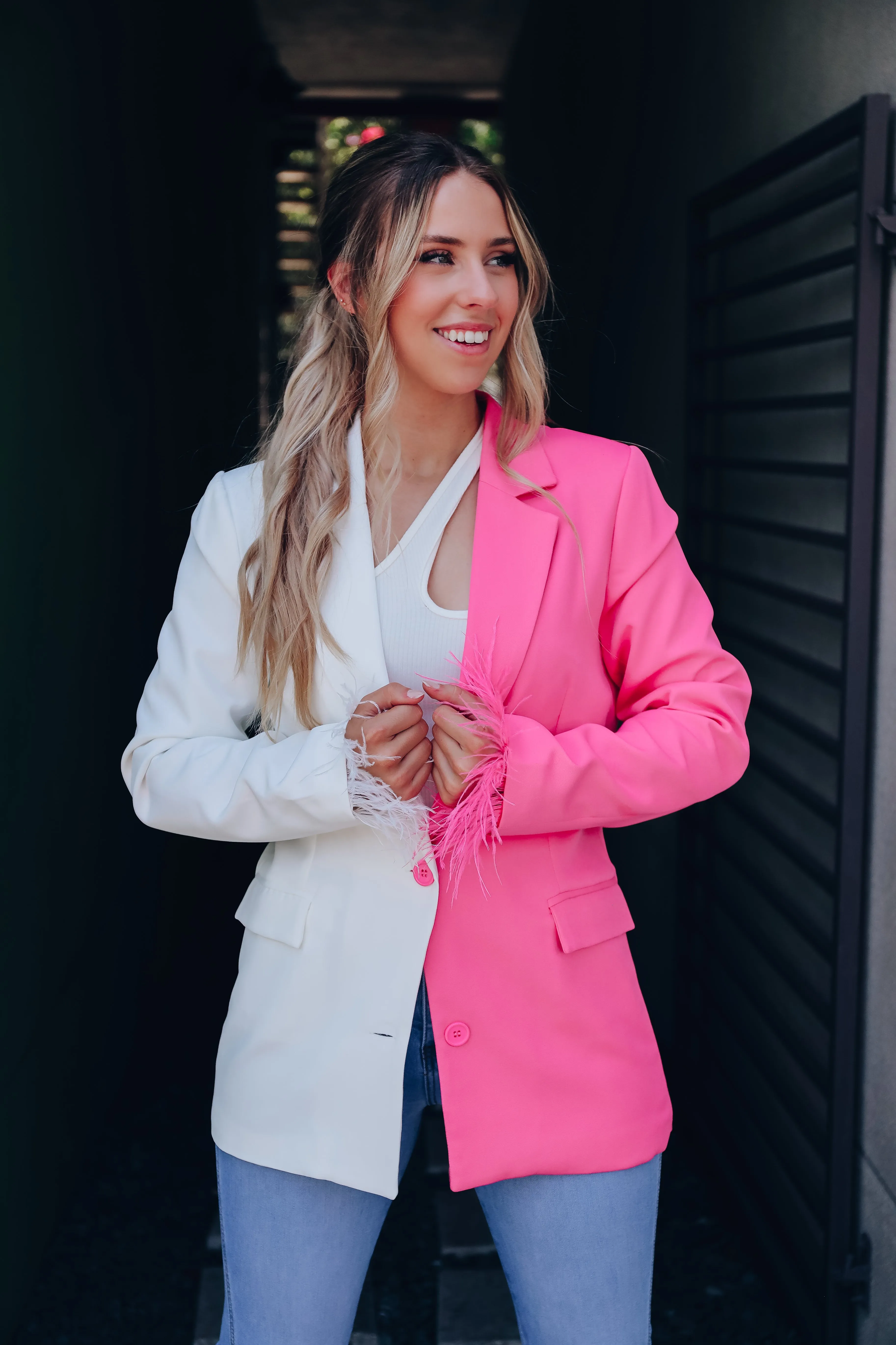 Exquisite Detail Feather Trim Blazer - Pink/White