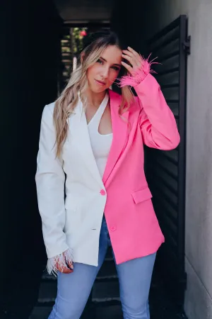 Exquisite Detail Feather Trim Blazer - Pink/White