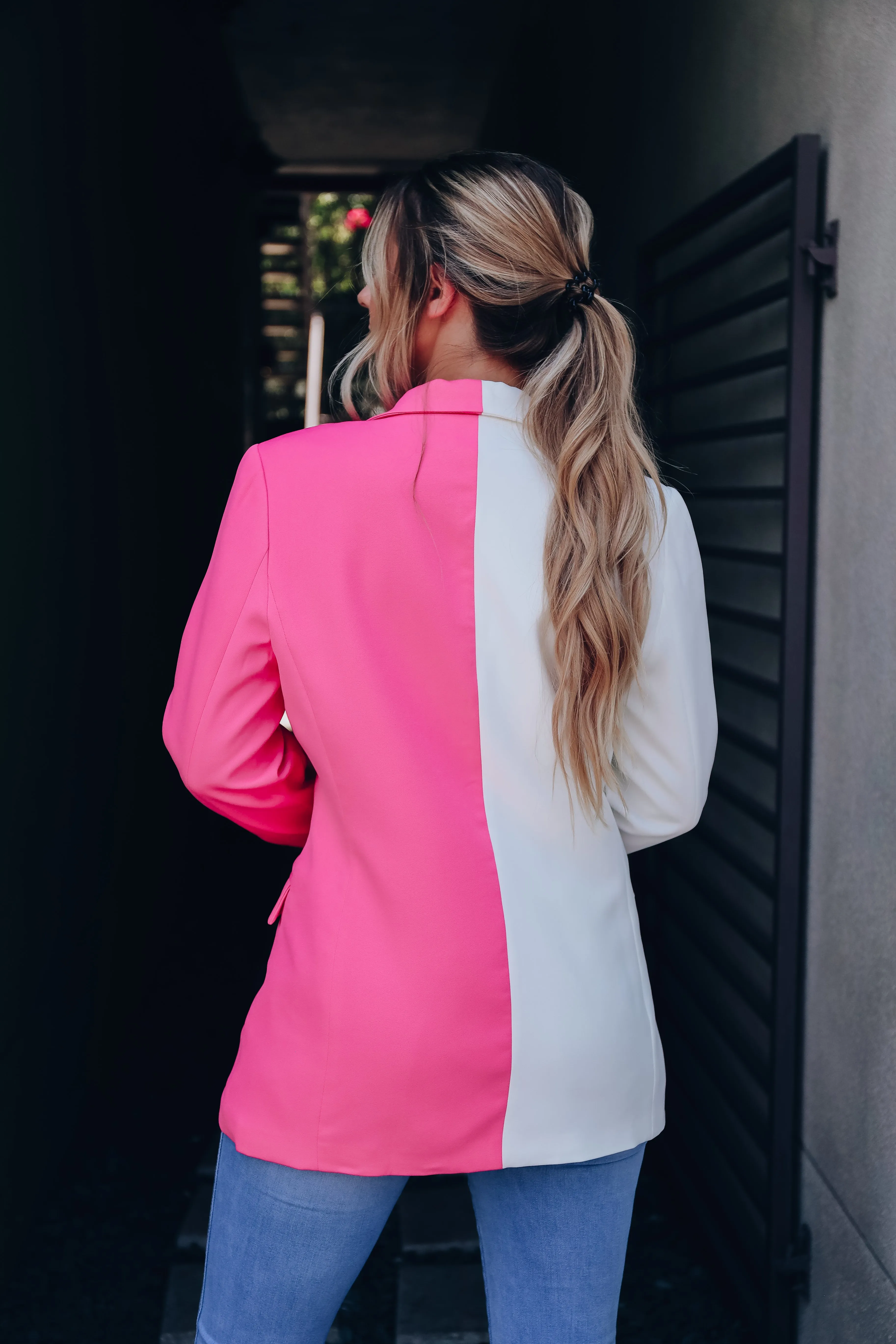 Exquisite Detail Feather Trim Blazer - Pink/White