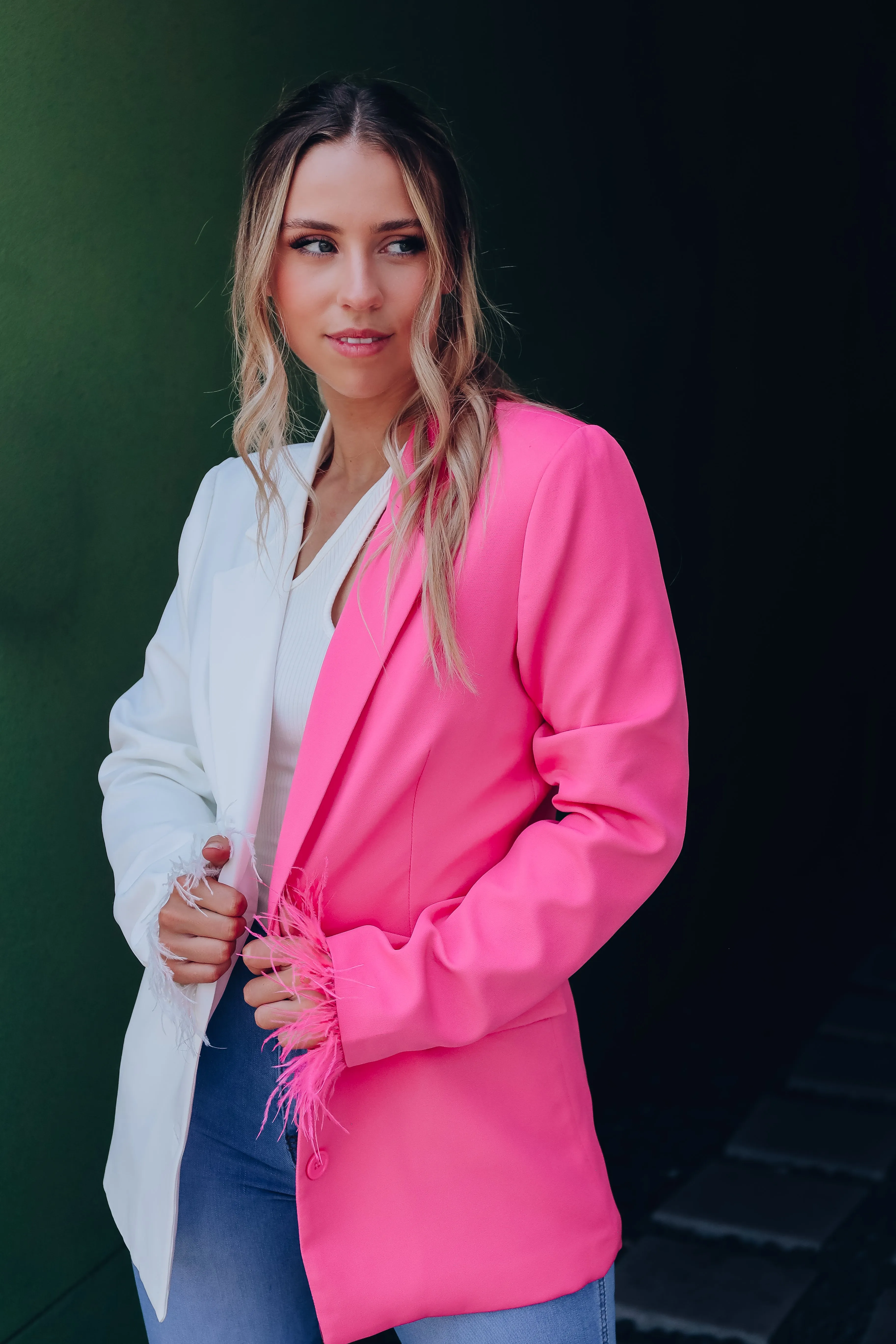 Exquisite Detail Feather Trim Blazer - Pink/White