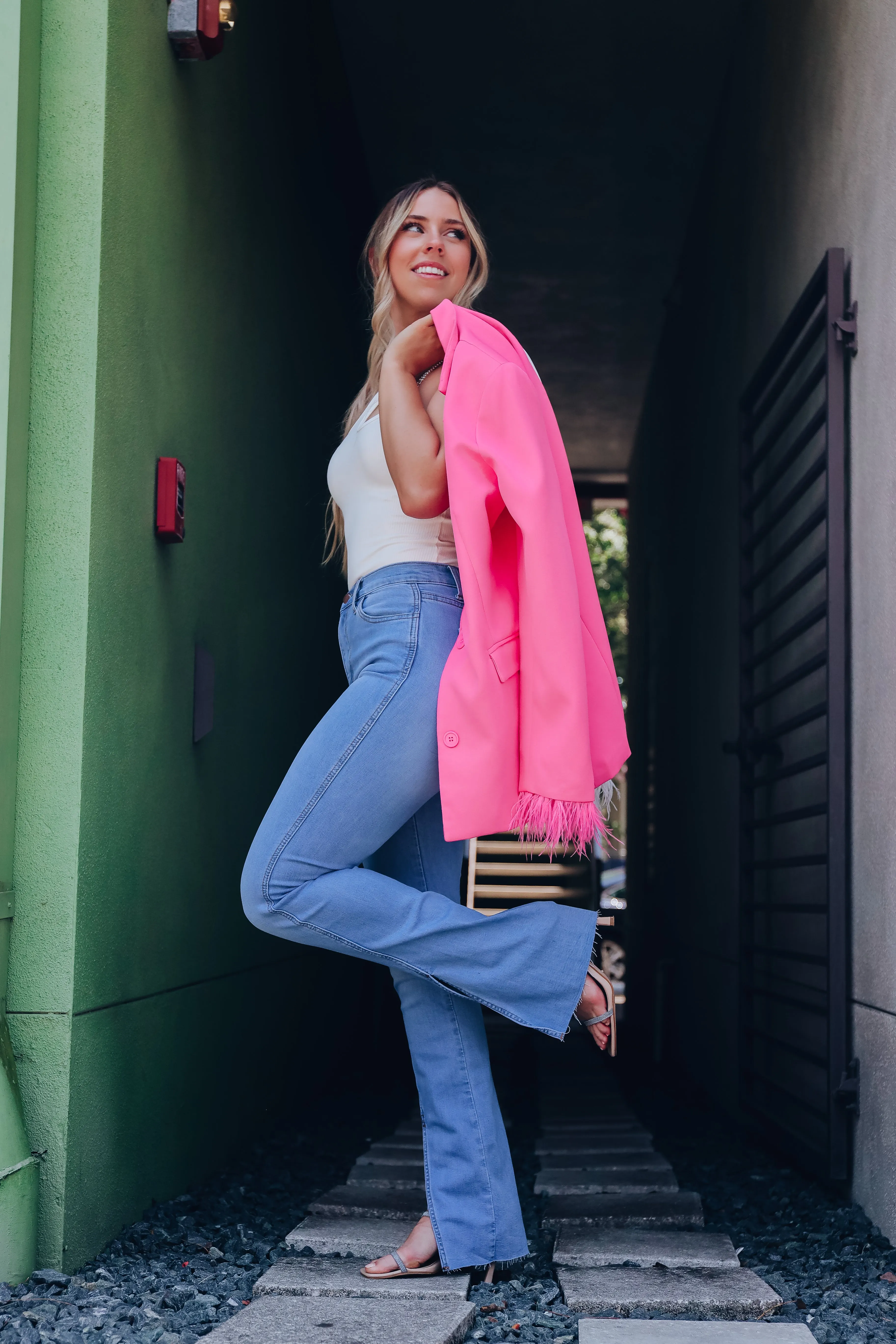 Exquisite Detail Feather Trim Blazer - Pink/White