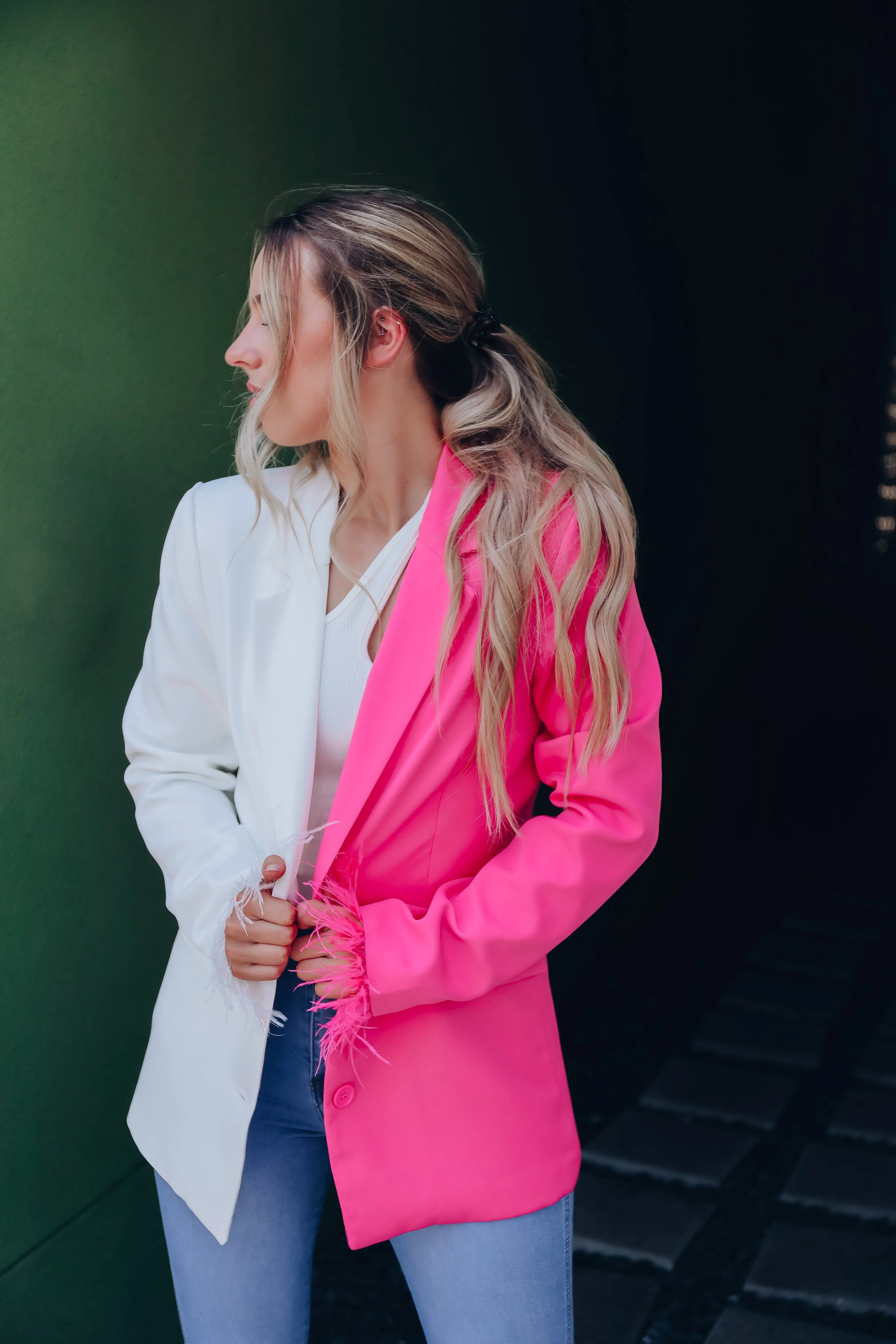 Exquisite Detail Feather Trim Blazer - Pink/White