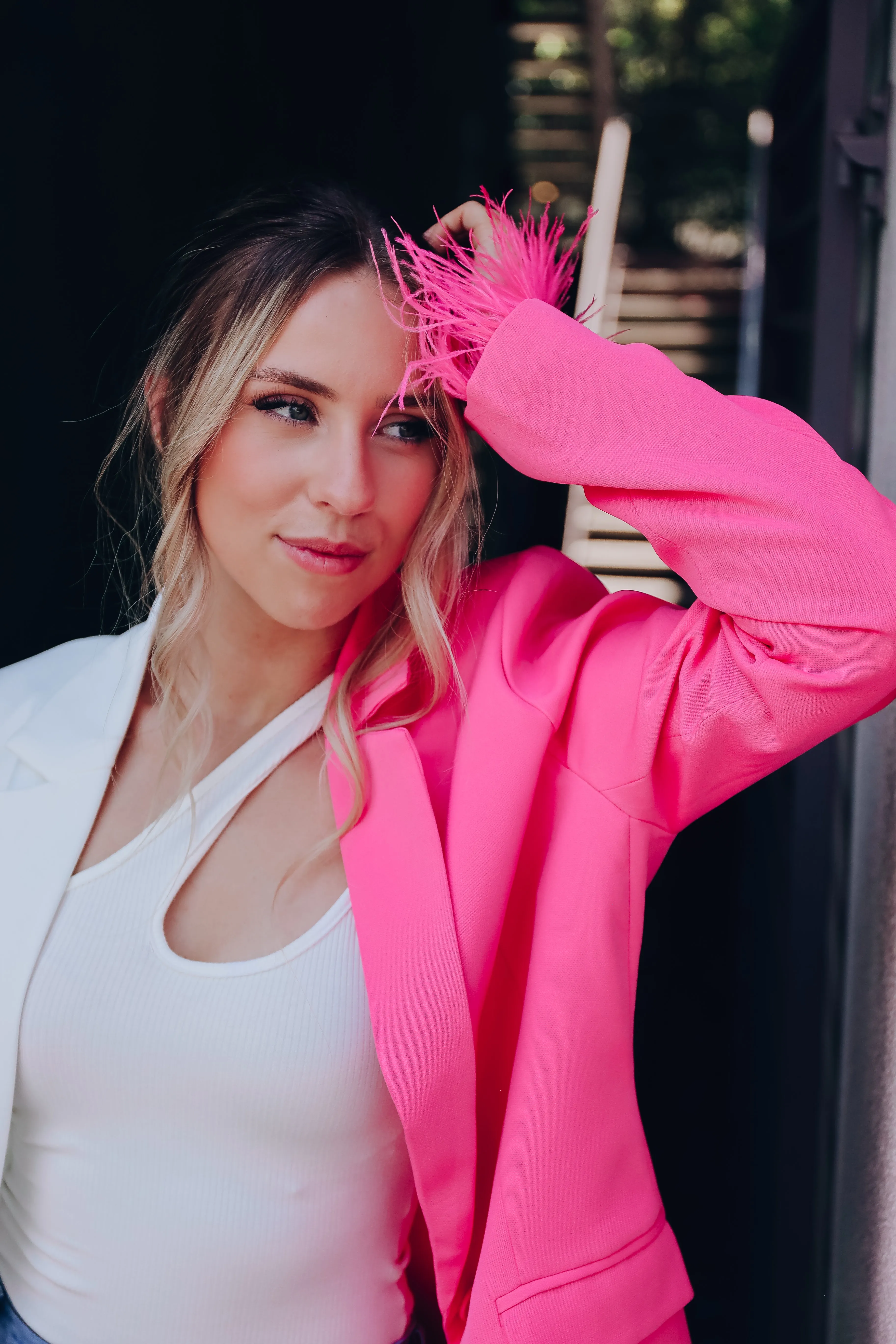 Exquisite Detail Feather Trim Blazer - Pink/White