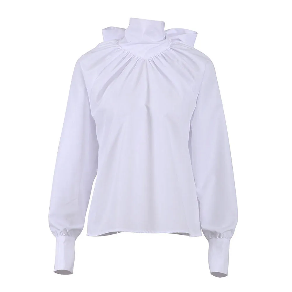 Fabulous Solid Color Ruched Bow Tie Trim High Neck Long Sleeve Blouse - White