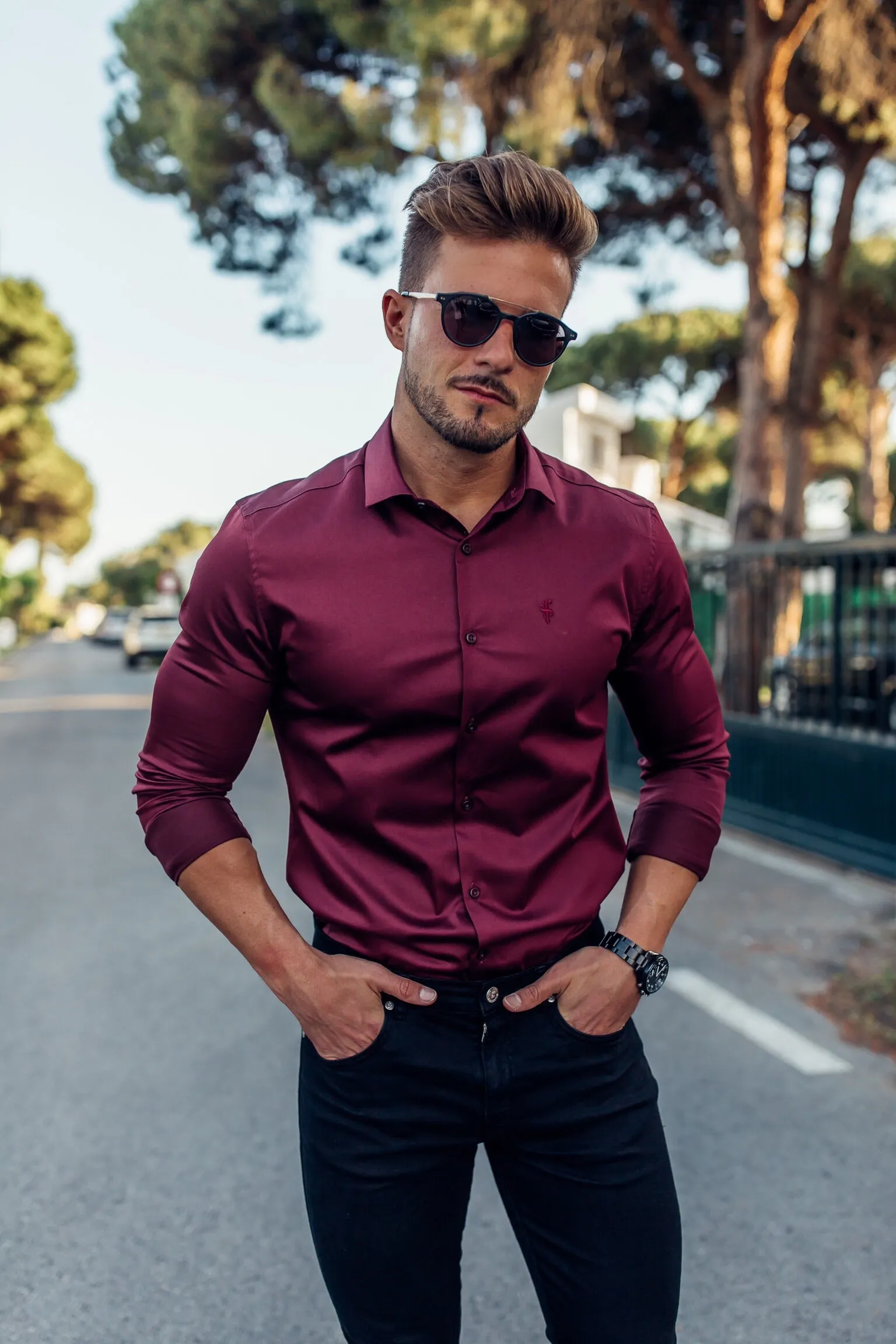 Father Sons Slim Sateen Burgundy Long Sleeve - FS549