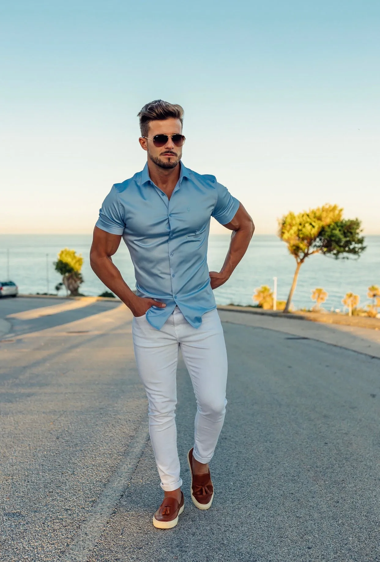 Father Sons Slim Sateen Classic Light Blue Short Sleeve - FS552