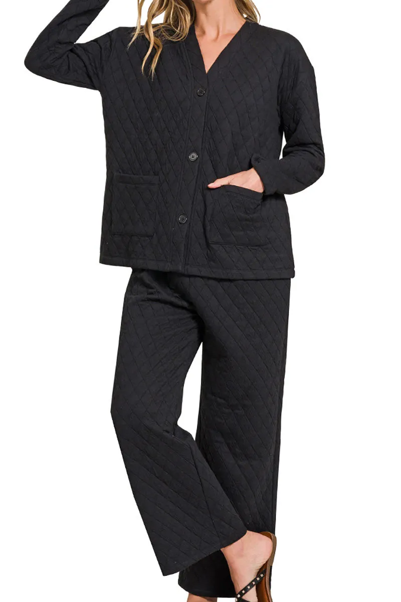 Fireside Cozy Black Quilted Jacket and Pants Set