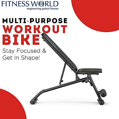 FITNESS WORLD Home Multi Functional Weight Workout Strength Training Multi-Purpose Fold able Incline Decline Exercise Bench for Home Gym, for Full Body Workout (Home Bench, 215 kg Limit)