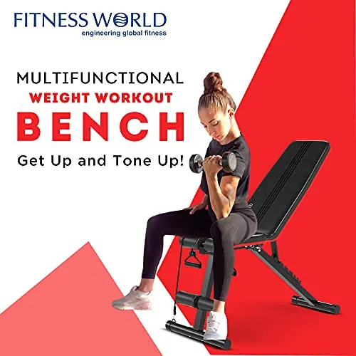 FITNESS WORLD Home Multi Functional Weight Workout Strength Training Multi-Purpose Foldable Incline Decline Exercise Foldable Bench - Weight Limit: 215 Kg