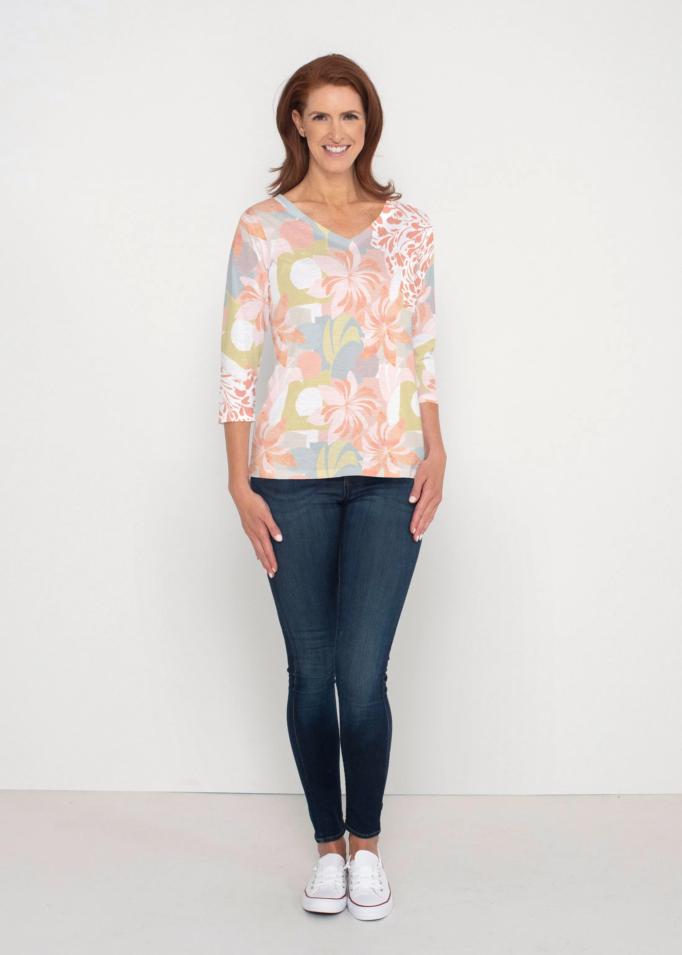Garden Collage (8049) ~ Signature 3/4 Sleeve V-Neck Top