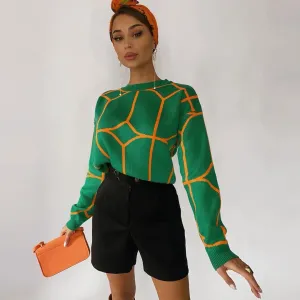 Geometric Pattern Crew Neck Drop Shoulder Long Sleeve Sweater - Green