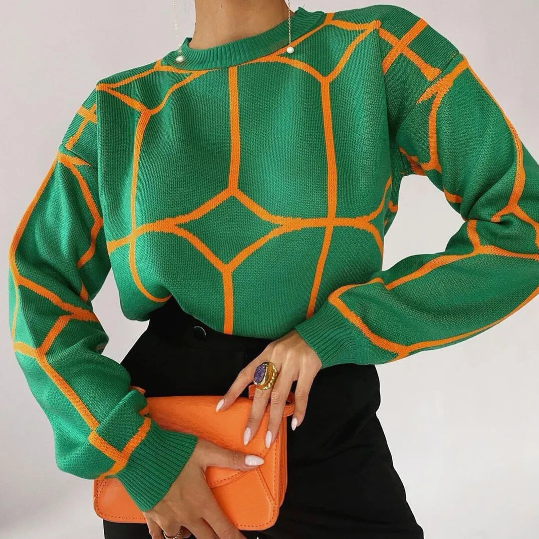 Geometric Pattern Crew Neck Drop Shoulder Long Sleeve Sweater - Green