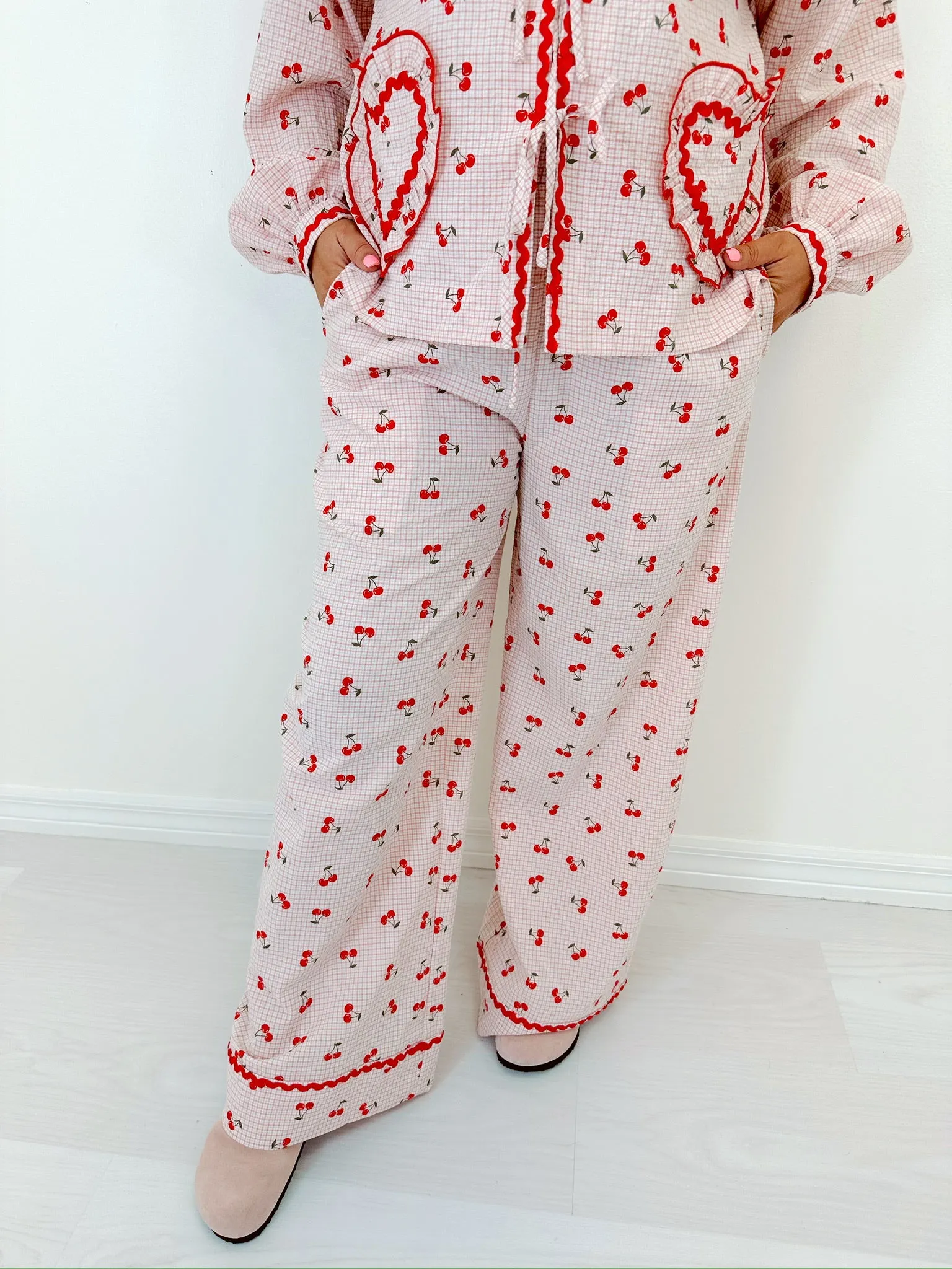 Georgie Gingham & Cherry Wide Leg Lounge Set - Pink