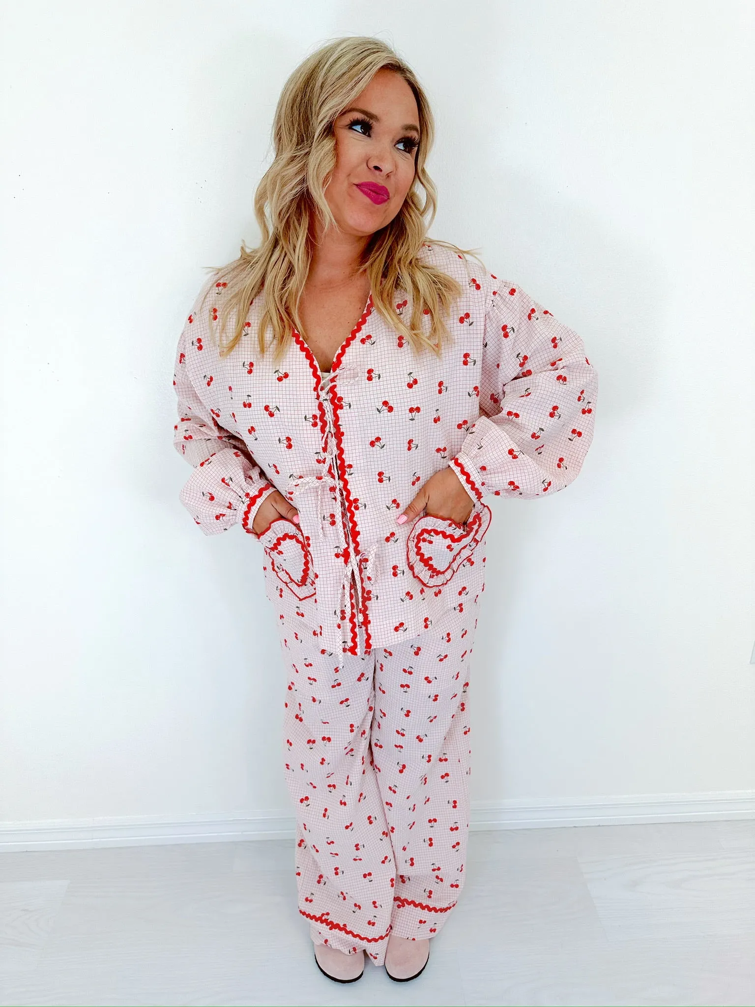 Georgie Gingham & Cherry Wide Leg Lounge Set - Pink