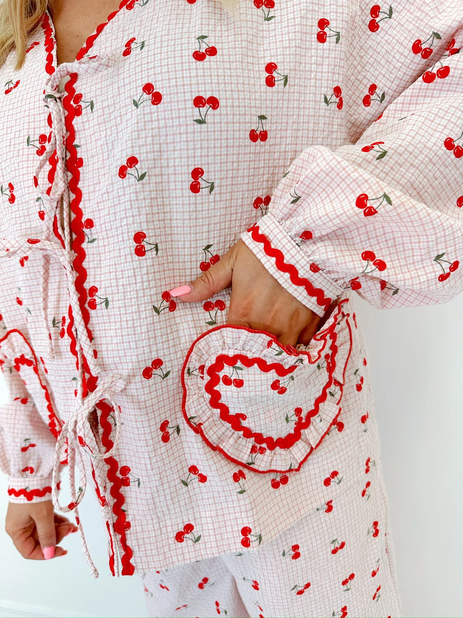 Georgie Gingham & Cherry Wide Leg Lounge Set - Pink