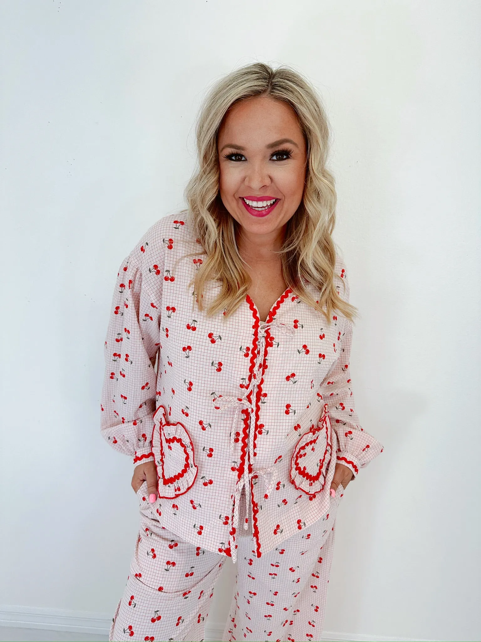 Georgie Gingham & Cherry Wide Leg Lounge Set - Pink