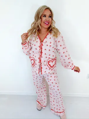 Georgie Gingham & Cherry Wide Leg Lounge Set - Pink