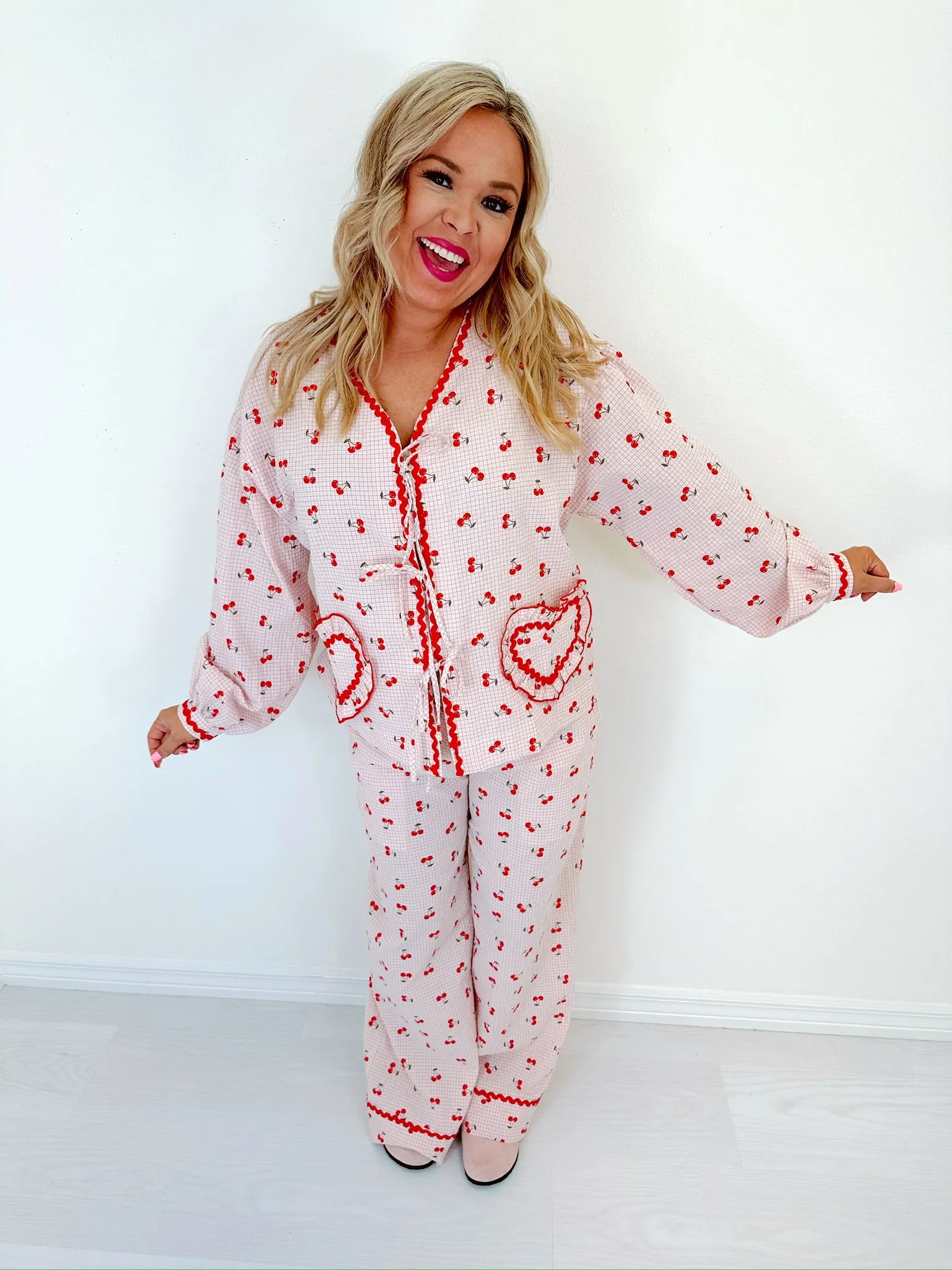 Georgie Gingham & Cherry Wide Leg Lounge Set - Pink