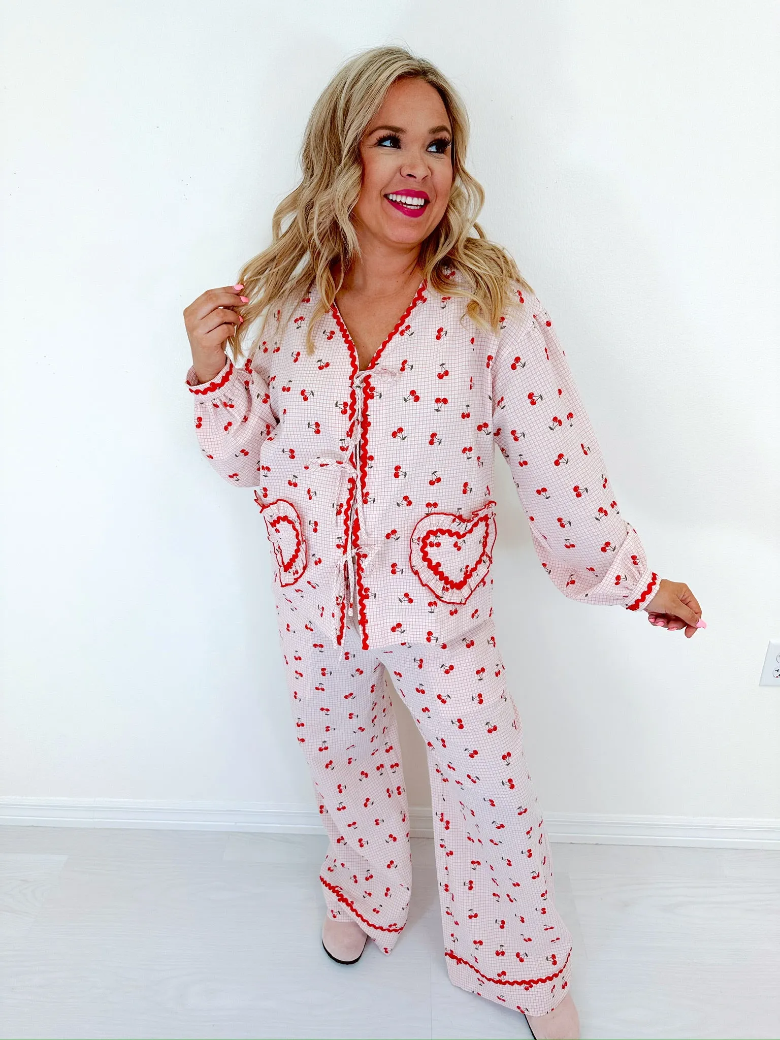 Georgie Gingham & Cherry Wide Leg Lounge Set - Pink