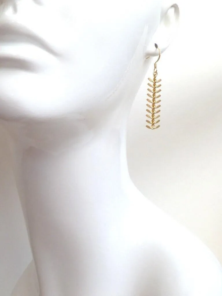 Gold Arrow Earrings, modern earring, chevron earring, fishbone earring, spine earring, vertebrae earring, feather earring, long gold dangle