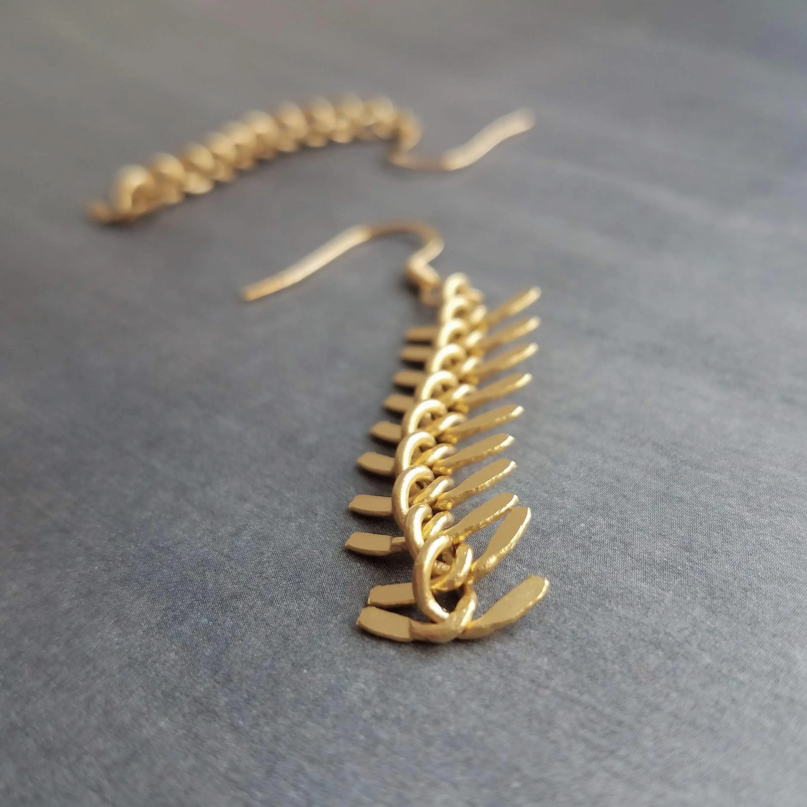 Gold Arrow Earrings, modern earring, chevron earring, fishbone earring, spine earring, vertebrae earring, feather earring, long gold dangle