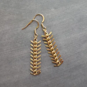 Gold Arrow Earrings, modern earring, chevron earring, fishbone earring, spine earring, vertebrae earring, feather earring, long gold dangle