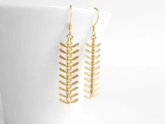 Gold Arrow Earrings, modern earring, chevron earring, fishbone earring, spine earring, vertebrae earring, feather earring, long gold dangle
