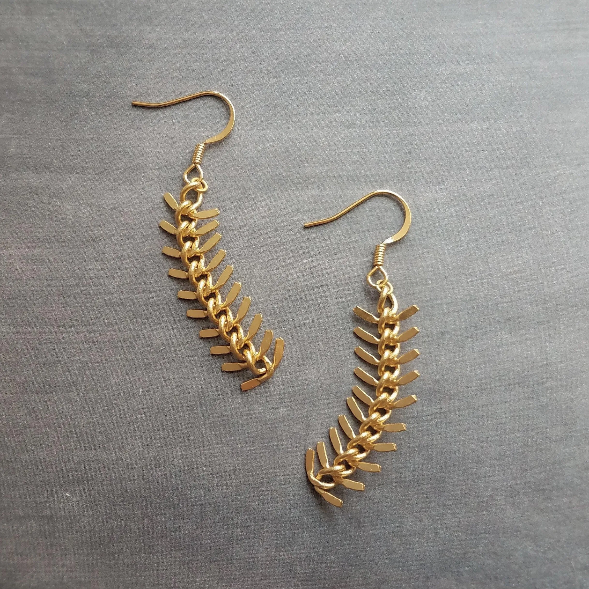 Gold Arrow Earrings, modern earring, chevron earring, fishbone earring, spine earring, vertebrae earring, feather earring, long gold dangle