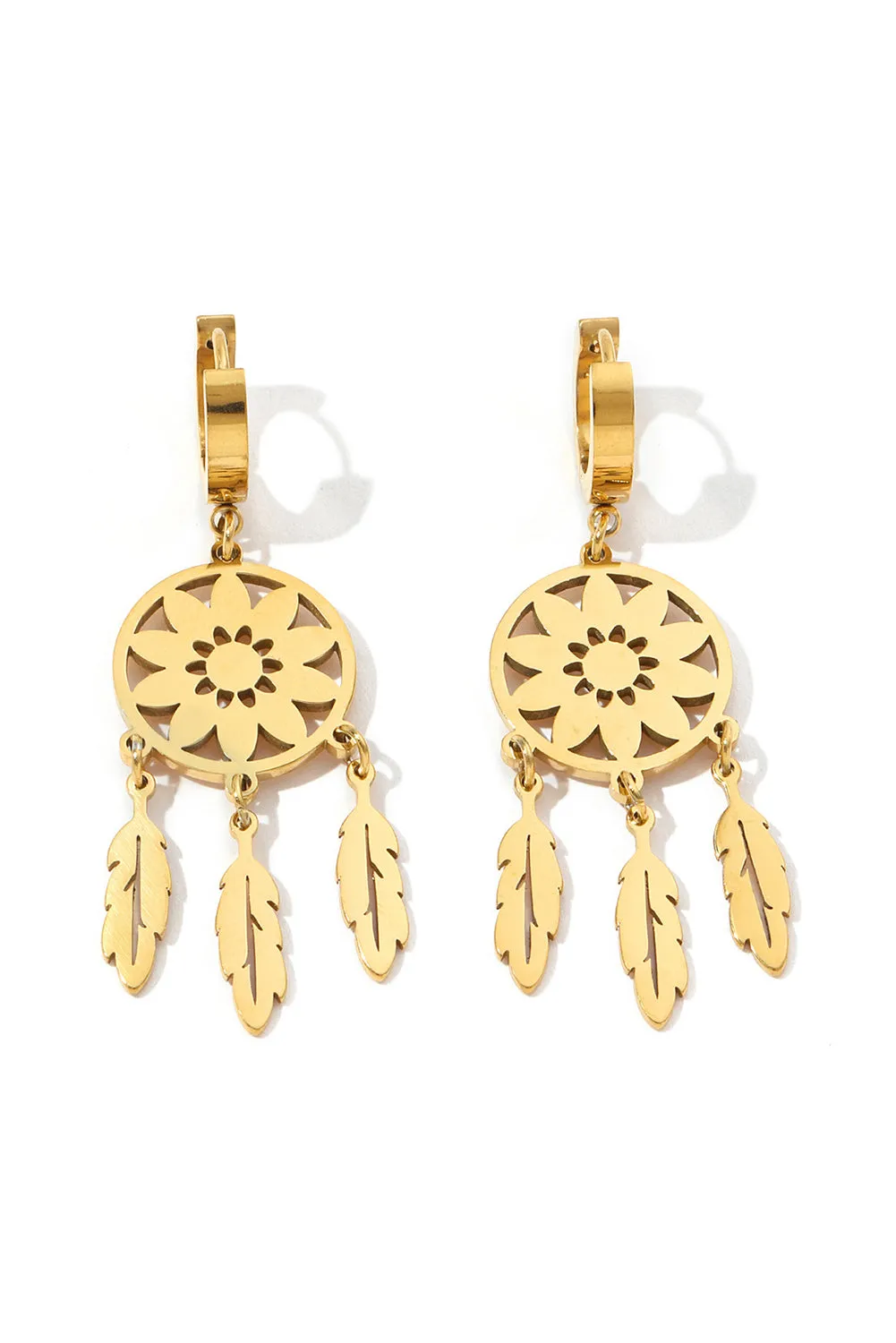 Gold Dream Catcher Feather Fringed Alloy Dangle Earrings