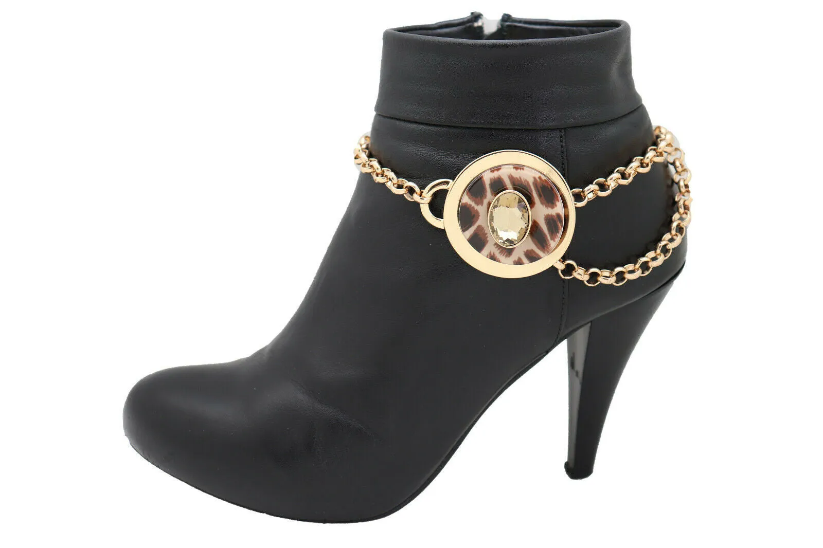 Gold Metal Chain Boot Bracelet Shoe Animal Print Charm Wrap Around
