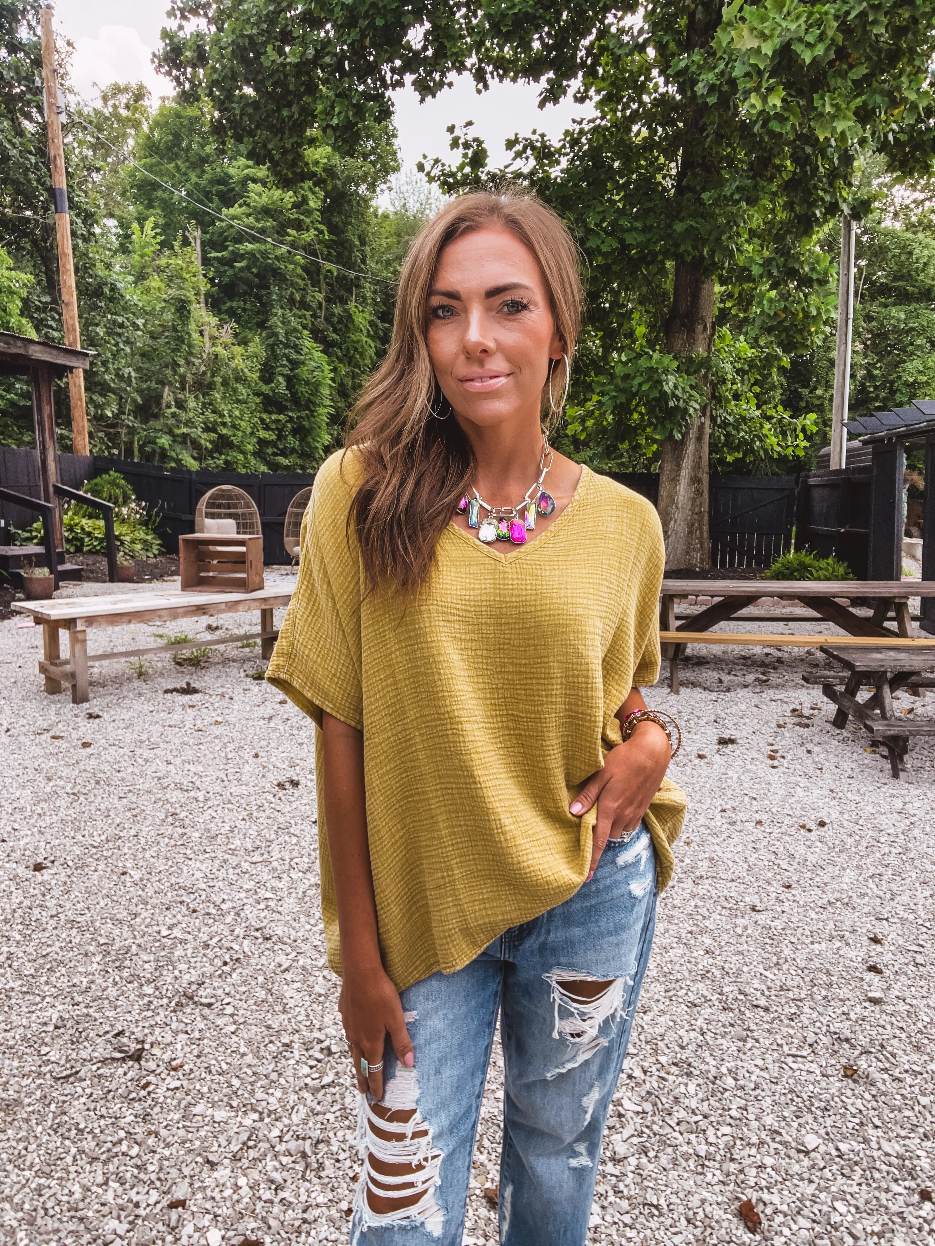 Golden Kiwi Mineral Wash Cotton Gauze Top