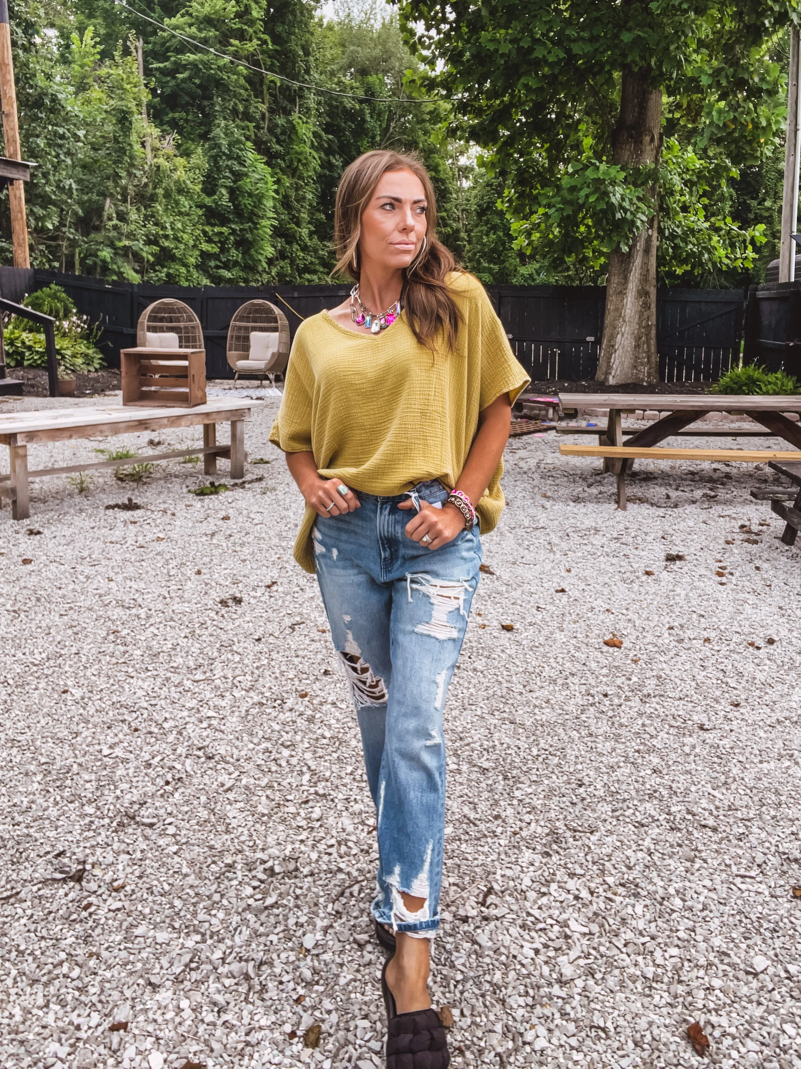 Golden Kiwi Mineral Wash Cotton Gauze Top