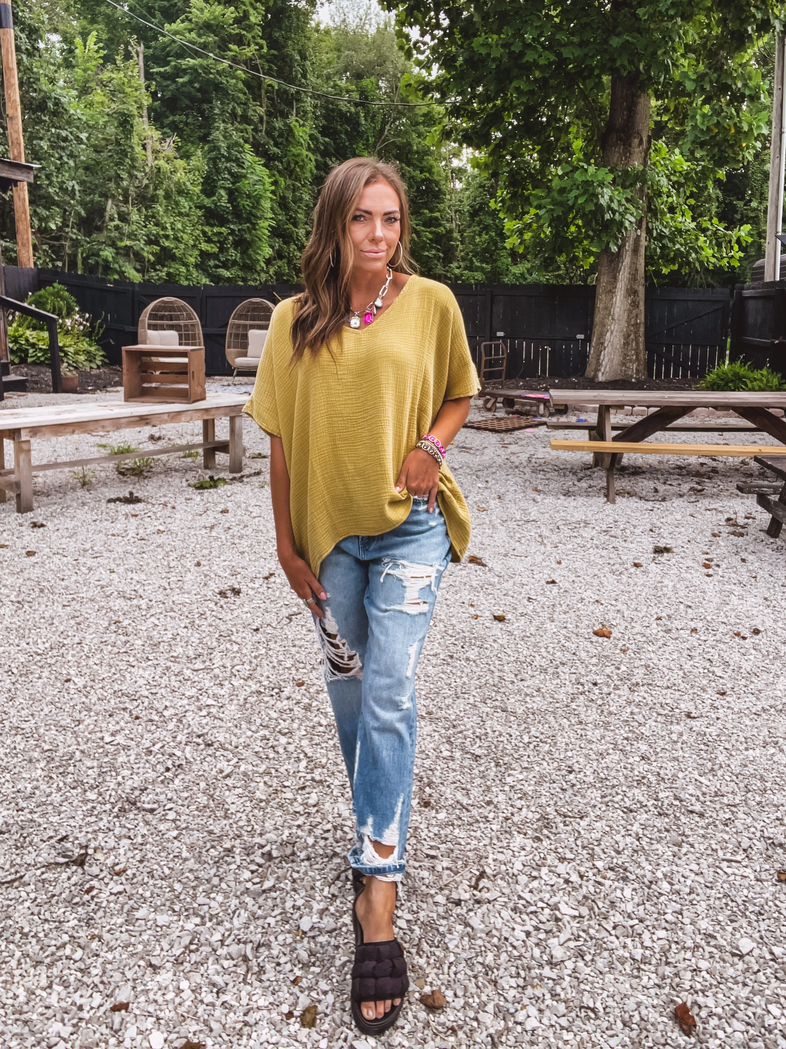 Golden Kiwi Mineral Wash Cotton Gauze Top