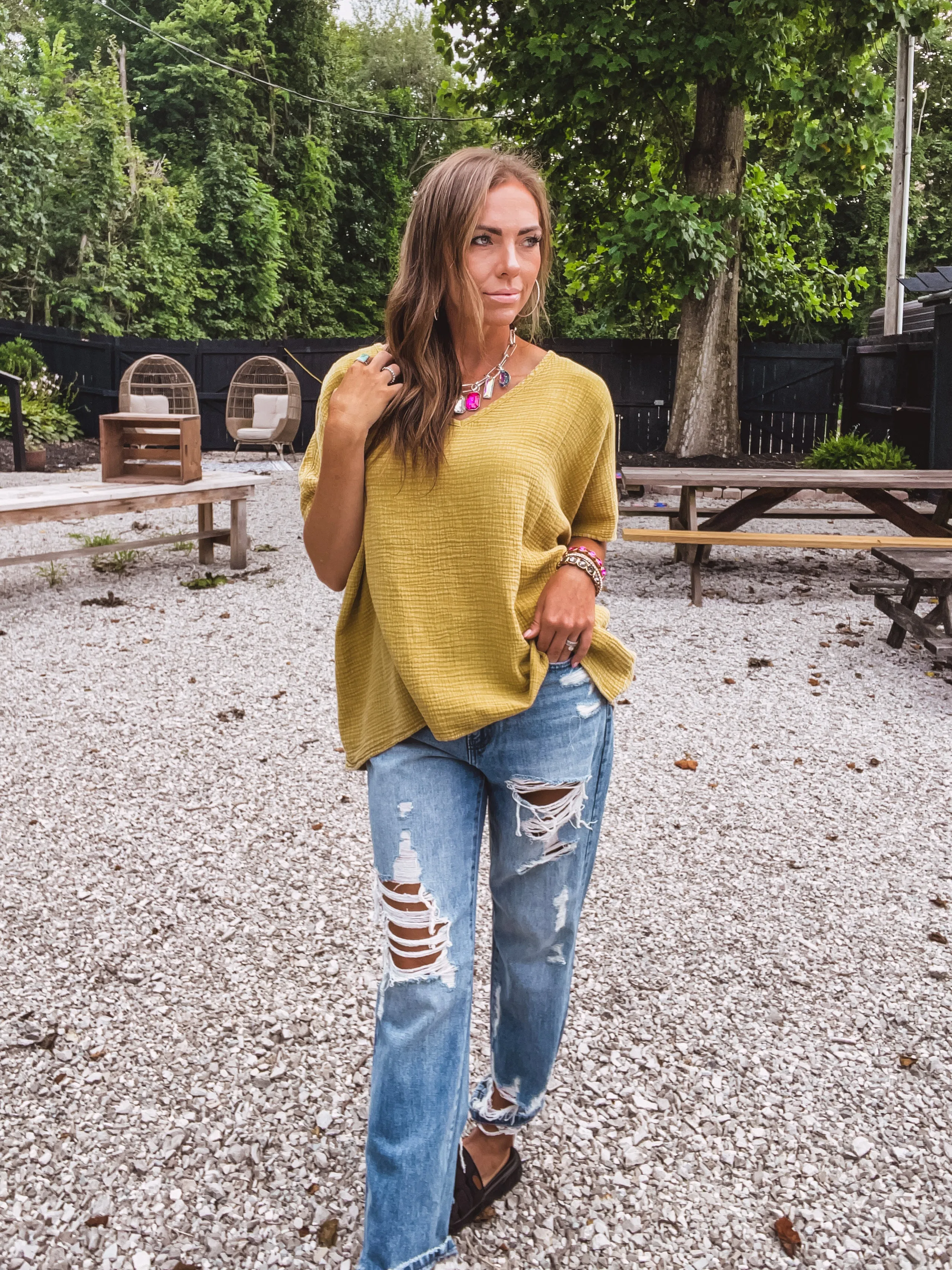 Golden Kiwi Mineral Wash Cotton Gauze Top