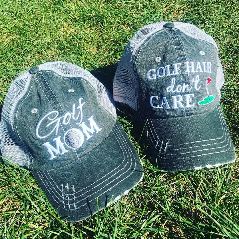 Golf hats Golf mom Golf hair dont care Embroidered personalized distressed trucker caps CUSTOMIZE name numbers BLING
