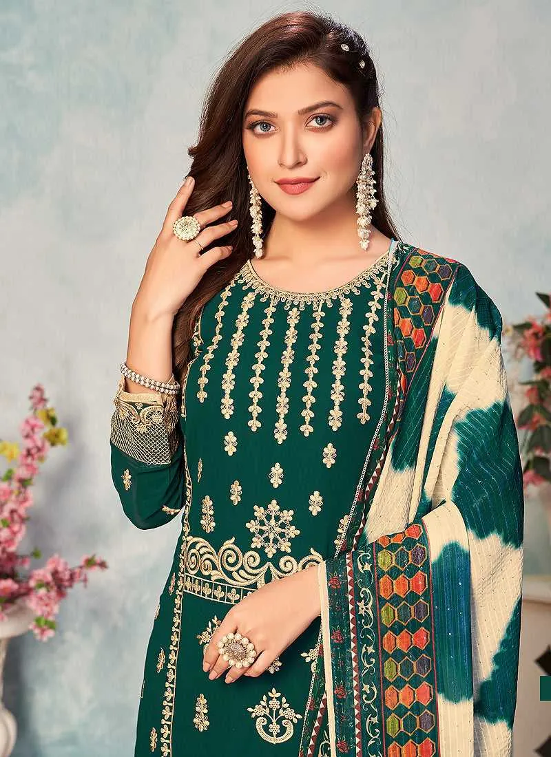 Green and Gold Embroidered Trendy Pant Style Suit