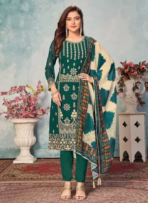 Green and Gold Embroidered Trendy Pant Style Suit